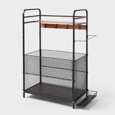 Freestanding Metal Organiser Rack with Hooks and Basket