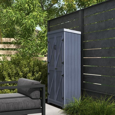 Outdoor Wooden Storage Cabinet with Metal Roof, Grey