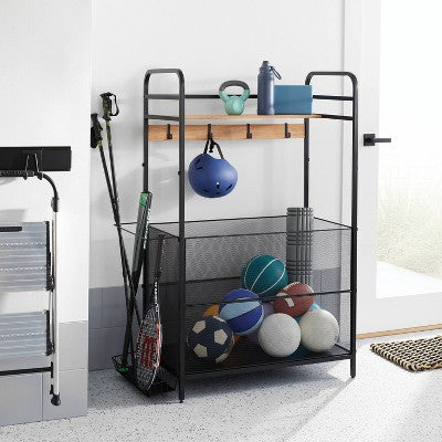 Freestanding Metal Organiser Rack with Hooks and Basket
