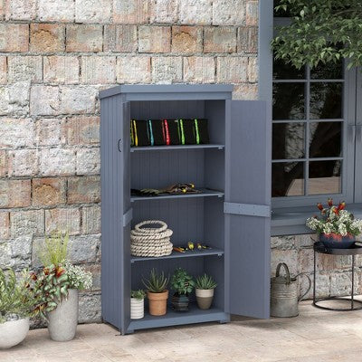 Outdoor Wooden Storage Cabinet with Metal Roof, Grey